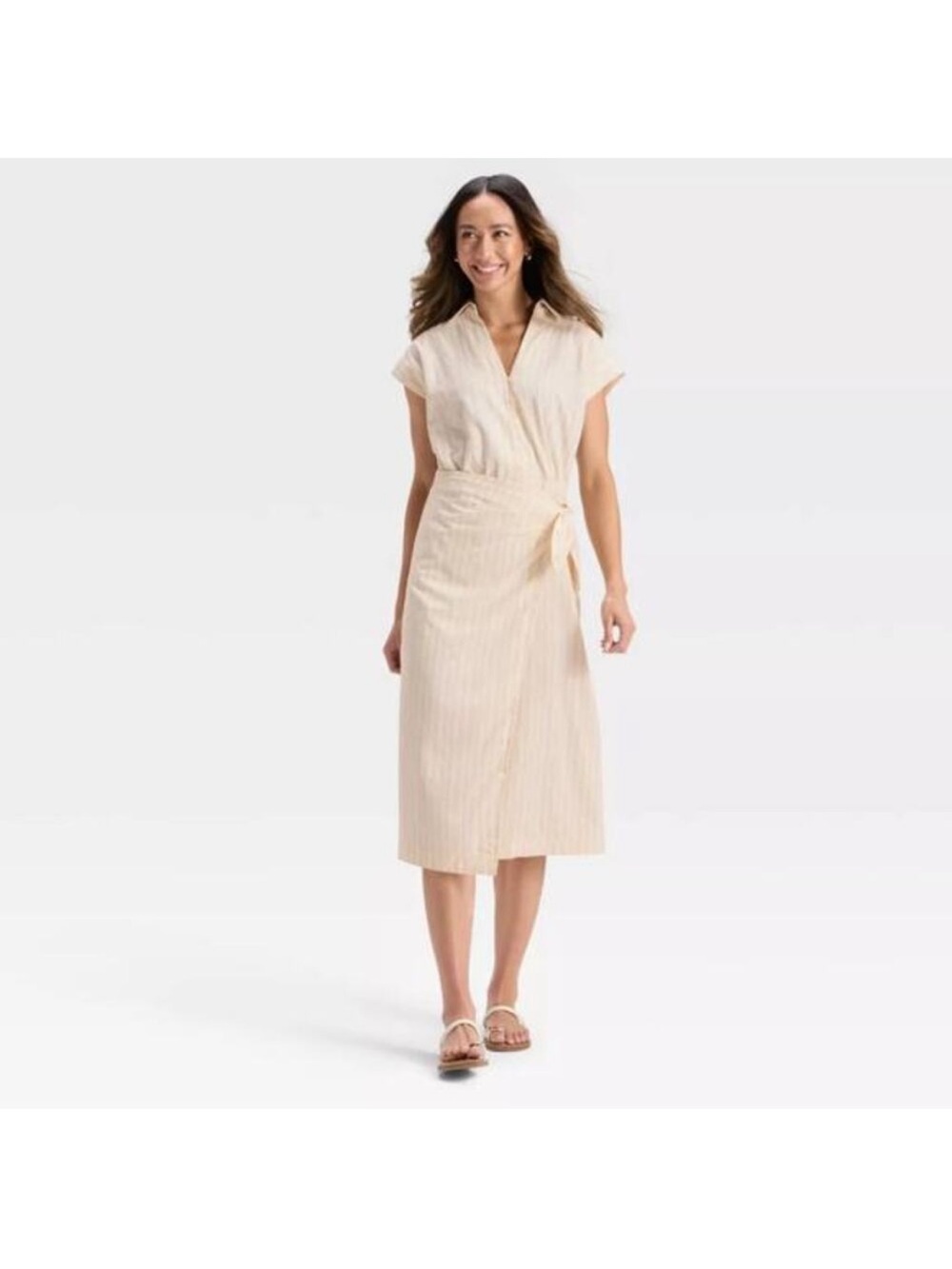Universal Thread Women's XL Beige‎ Striped Button-Down Belted Midi Dress